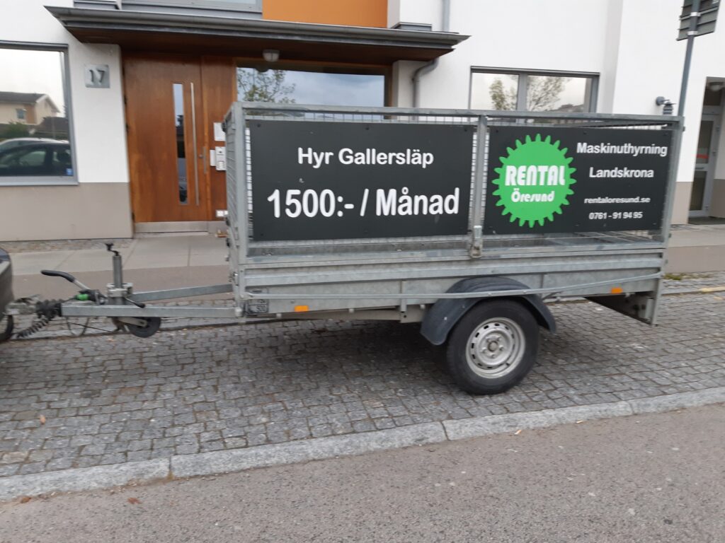 Hyr Gallersläp i Höllviken och Ljunghusen i Vellinge. Släpvagnen kommer från Rental Öresund Släpvagnsuthyrning i Landskrona som hyr ut släp vecka och månad och erbjuder långtidsuthyrning.
